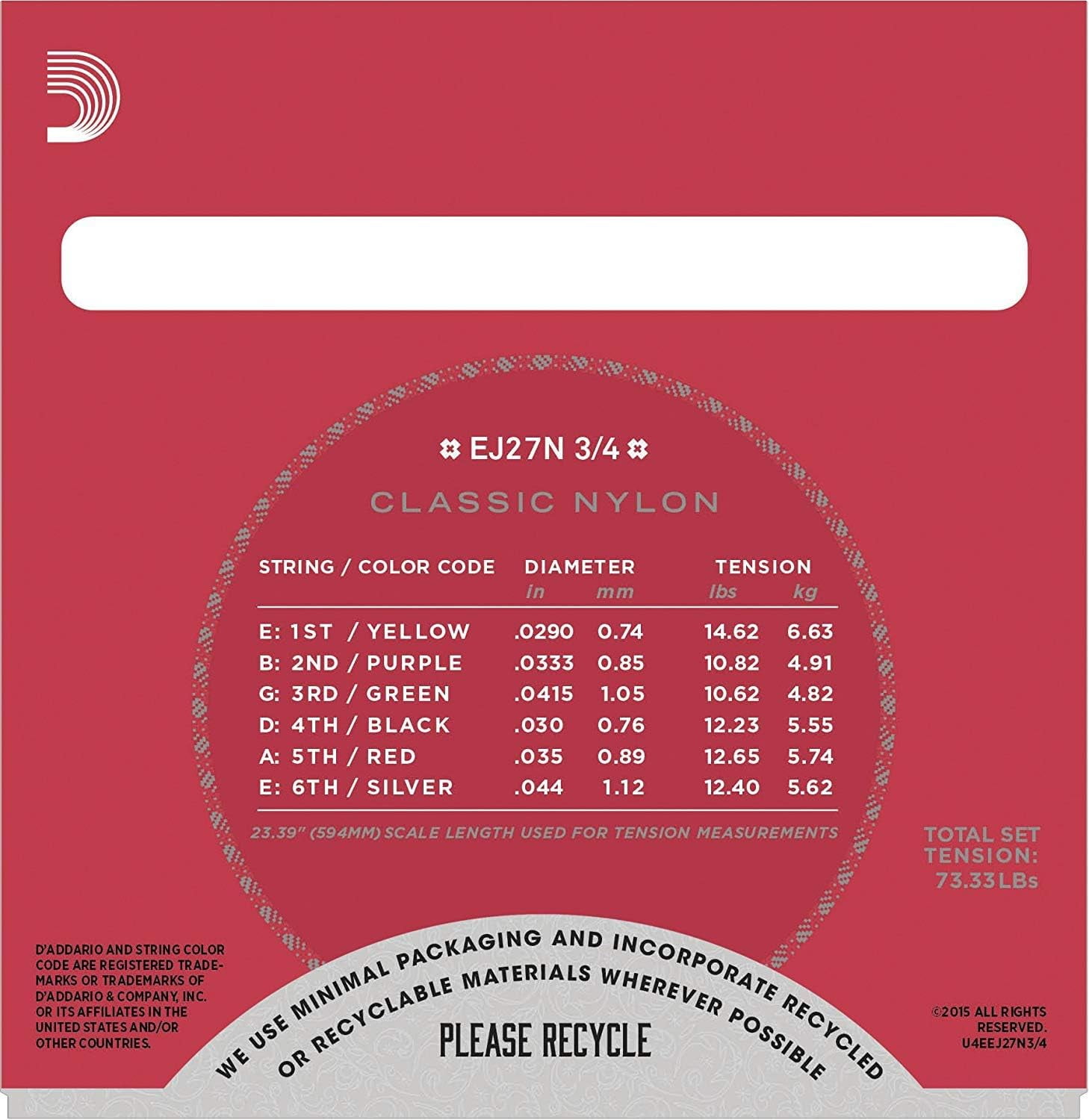 D'Addario Guitar Strings Nylon 3 Sets Classical EJ27N 3/4 size