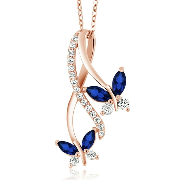Gem Stone King 1.21 Ct Marquise Blue Created Sapphire 18K Rose Gold Plated Silver Butterfly Pendant
