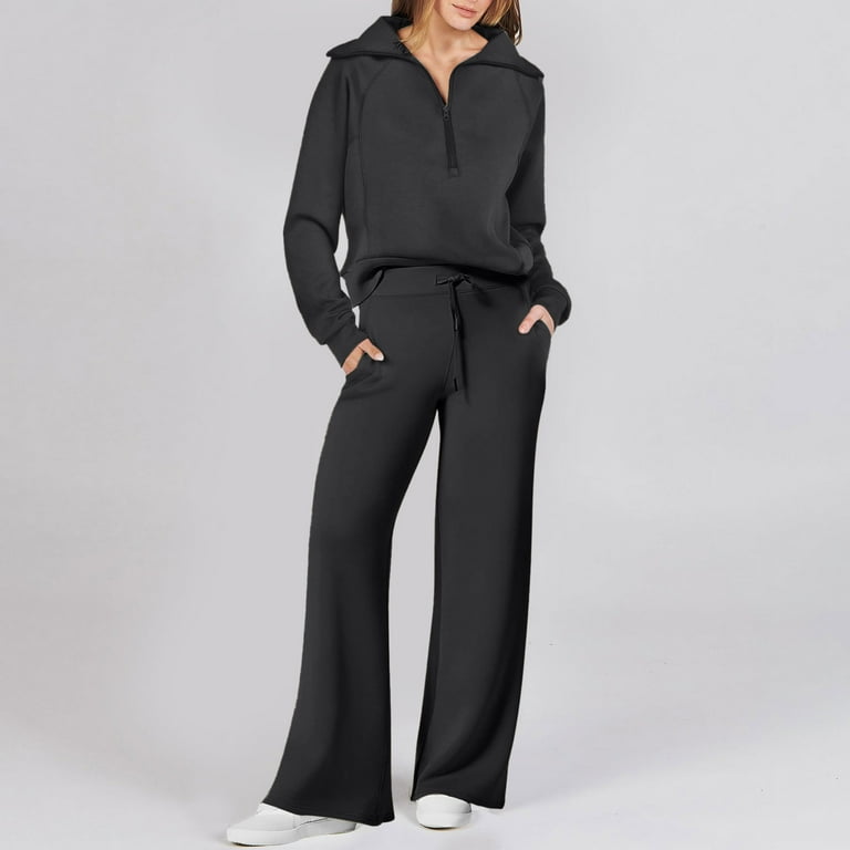 JNGSA Two Piece Lounge Set for Women,Women 2 Piece Outfits Sweatsuit  Oversized Half Zip Collared Sweatshirt and Drawstring Sweatpant Loungewear  Tracksuit Set Black 