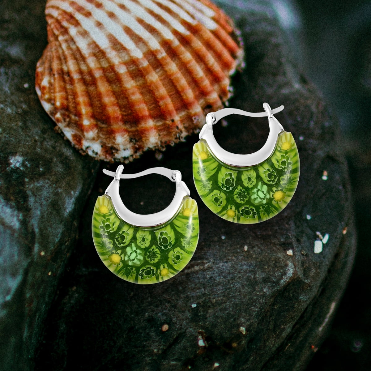 Green Murano Style Glass Hoop Earrings - Drop Dangle Earrings Stainless Steel Fun Daisy Flower Jewelry - Anniversary Engagement Her Ct. 30 Birthday Christmas Gifts