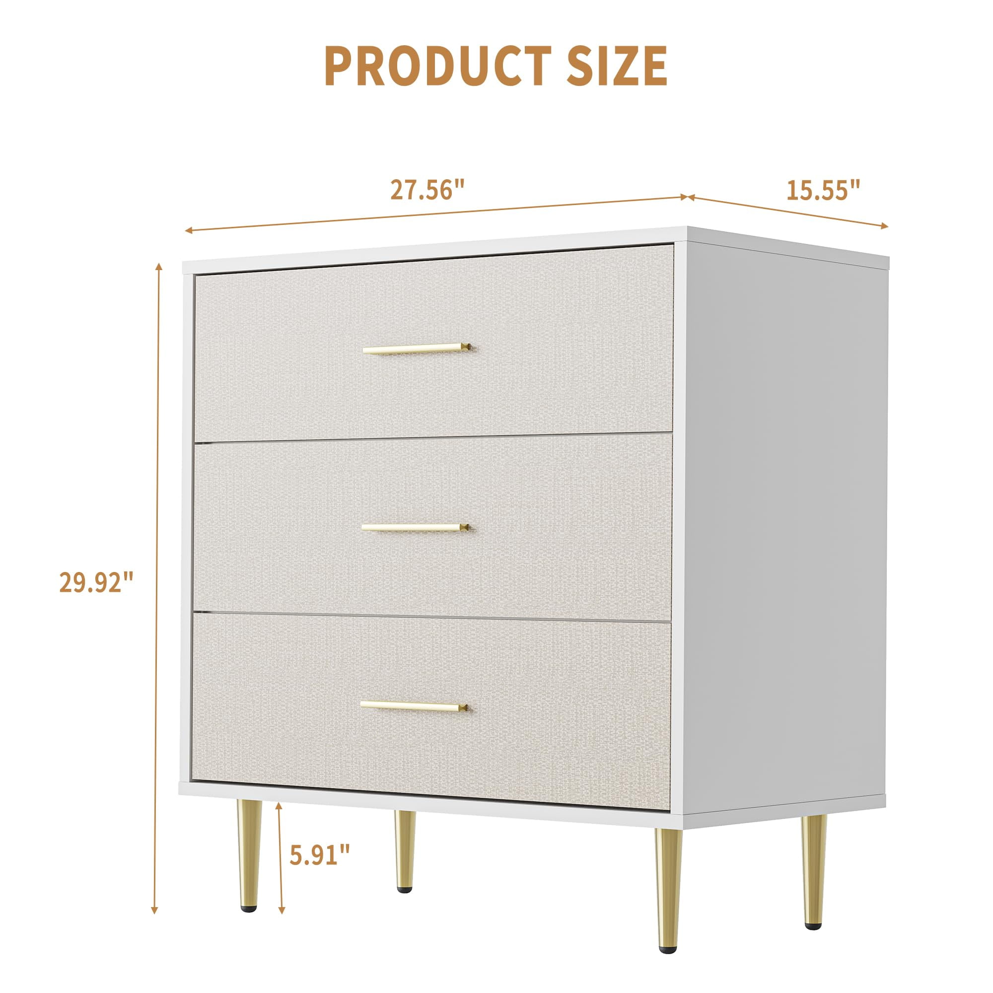 Kselythan 3 Drawer Dresser,Modern White Chest of Drawers,Nightstand for Bedroom with Gold Handles and Legs,Wooden Nightstand with Drawers, Narrow Accent Cabinet End Table for Living Room,Bedroom
