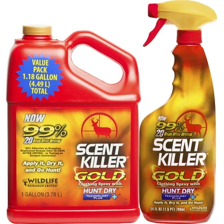- Wildlife Research Center Scent Killer Gold Spray Gallon Combo, 24 fl oz + 1 Gallon Refill Bottle