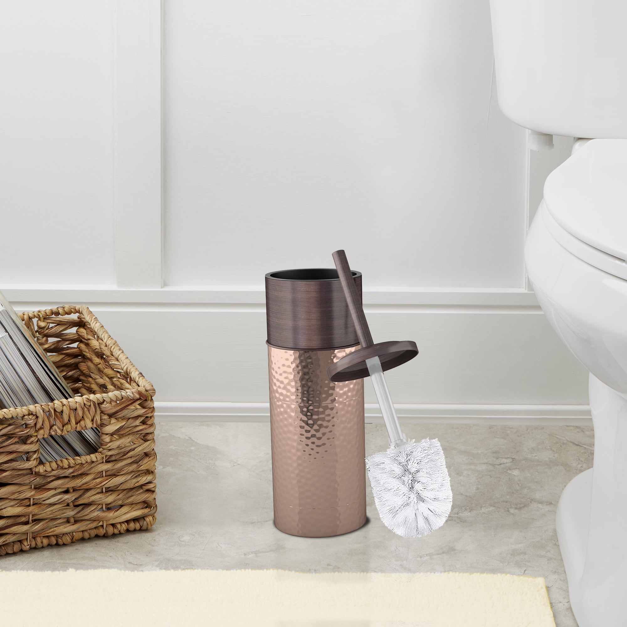 Slim Compact Stainless Steel Toilet Brush Holder For Bathroom Storage - Sturdy, Deep Cleaning, Metal in a Hammered Copper/Orb Finish combination.