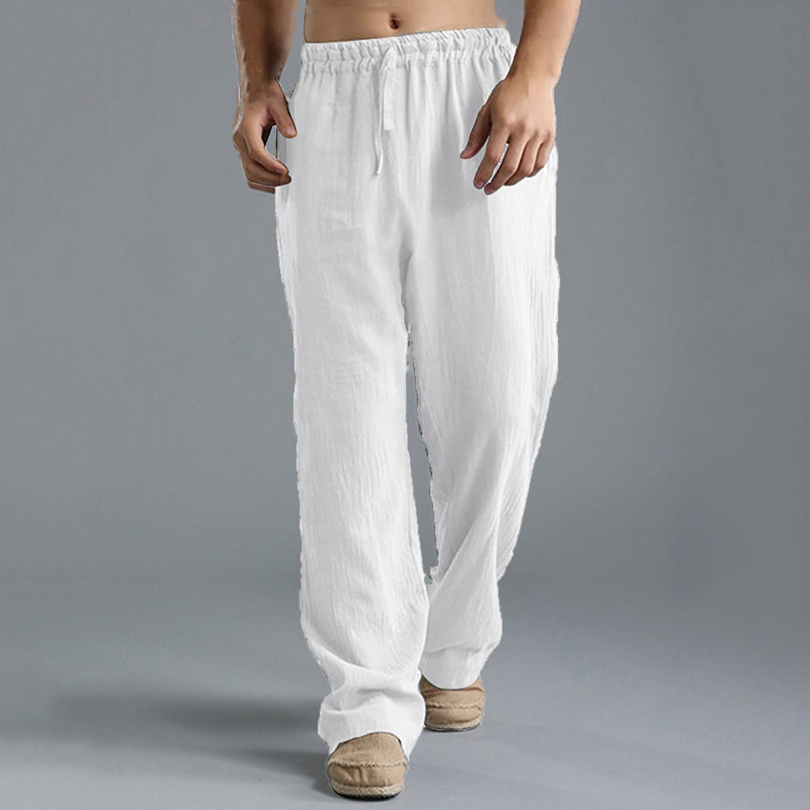 Pantalon en coton et lin pour homme, respirant, couleur unie.