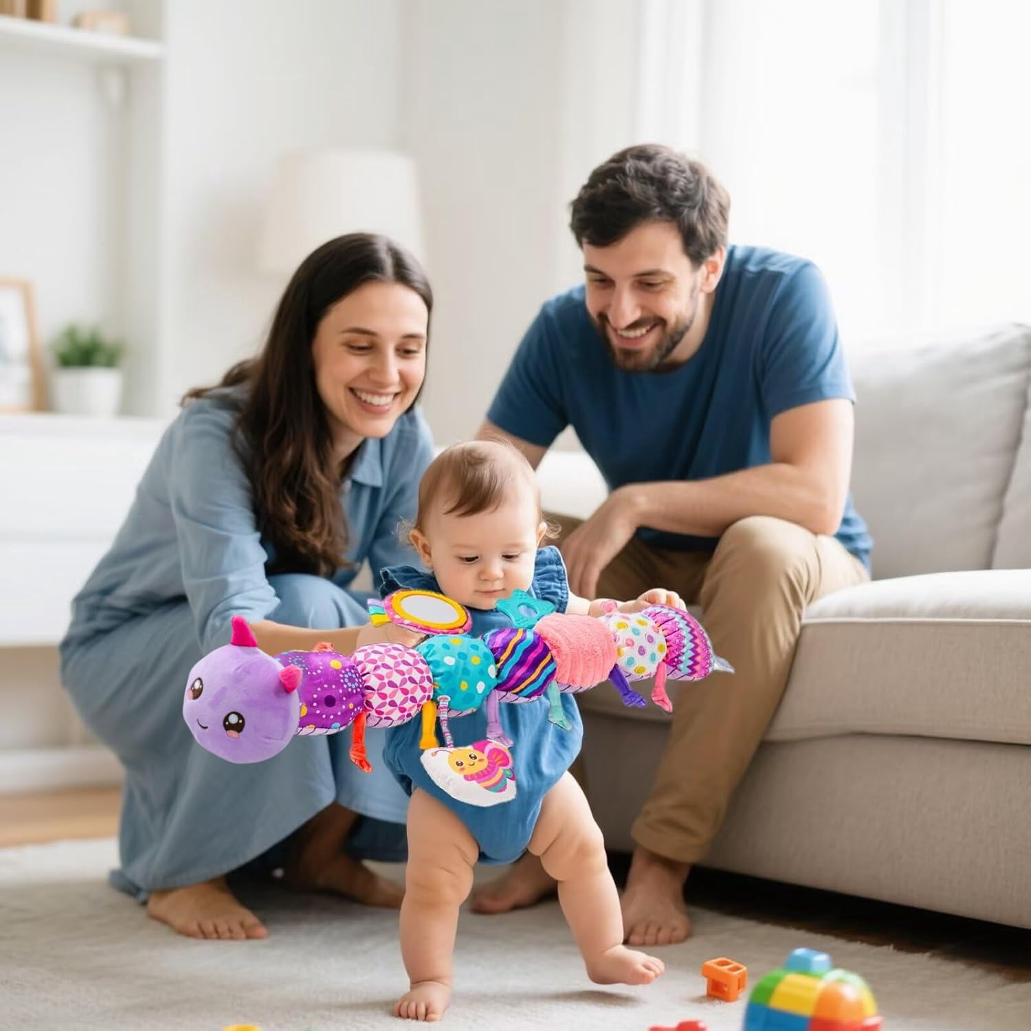 Baby Girls Toys 0-6 Months,6-in-1 Infant Musical Caterpillar Toys Stuffed Animals with Ruler Design,Mirror,Pull String&Ring Bell,Baby Girl Gift, Baby Girl Toys 6 to 12 Months
