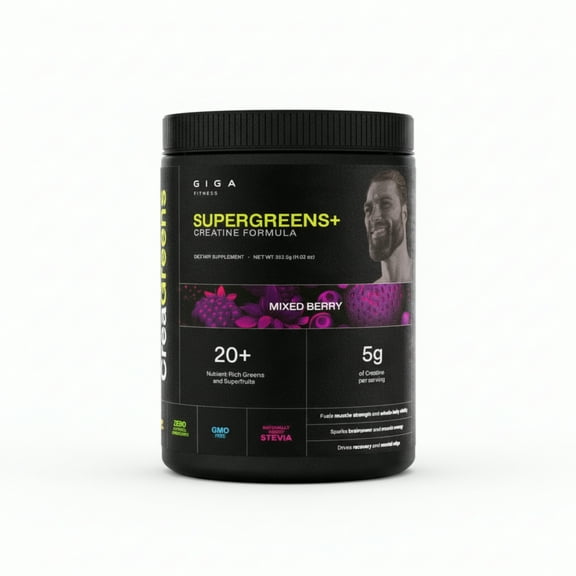 Giga Fitness CreaGreens, Creatine Monohydrate   Superfood Greens Powder, Mixed Berry, 35 Servings