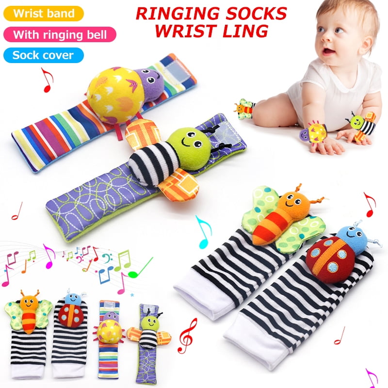 LNKOO Baby Toys for 0-12 Months Infant Rattle Toy Socks Wrist Rattles & Foot Rattles Foot Finders Socks Set, Developmental Soft Animal Rattles Socks Toys Infant Baby Toys (4 Pcs)