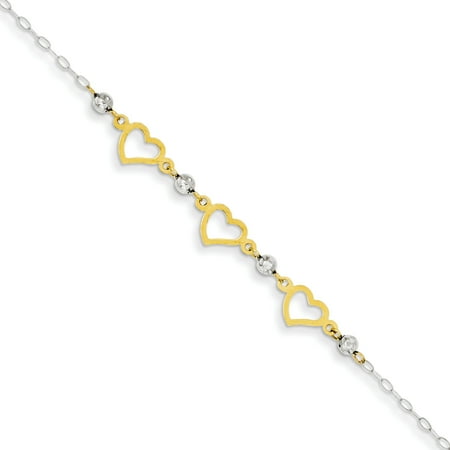 - 14kt Two Tone Yellow Gold Oval Link Beads Heart Bracelet 7.50 Inch /love Fine Jewelry Ideal Gifts For Women Gift Set From Heart