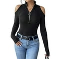 thumbnail image 2 of Women'S V-Neck Cold Shoulder Long Sleeve Blouse Shirt Slim Lace-Up Ribbed Stretchy T-Shirt Top Black XXL, 2 of 9