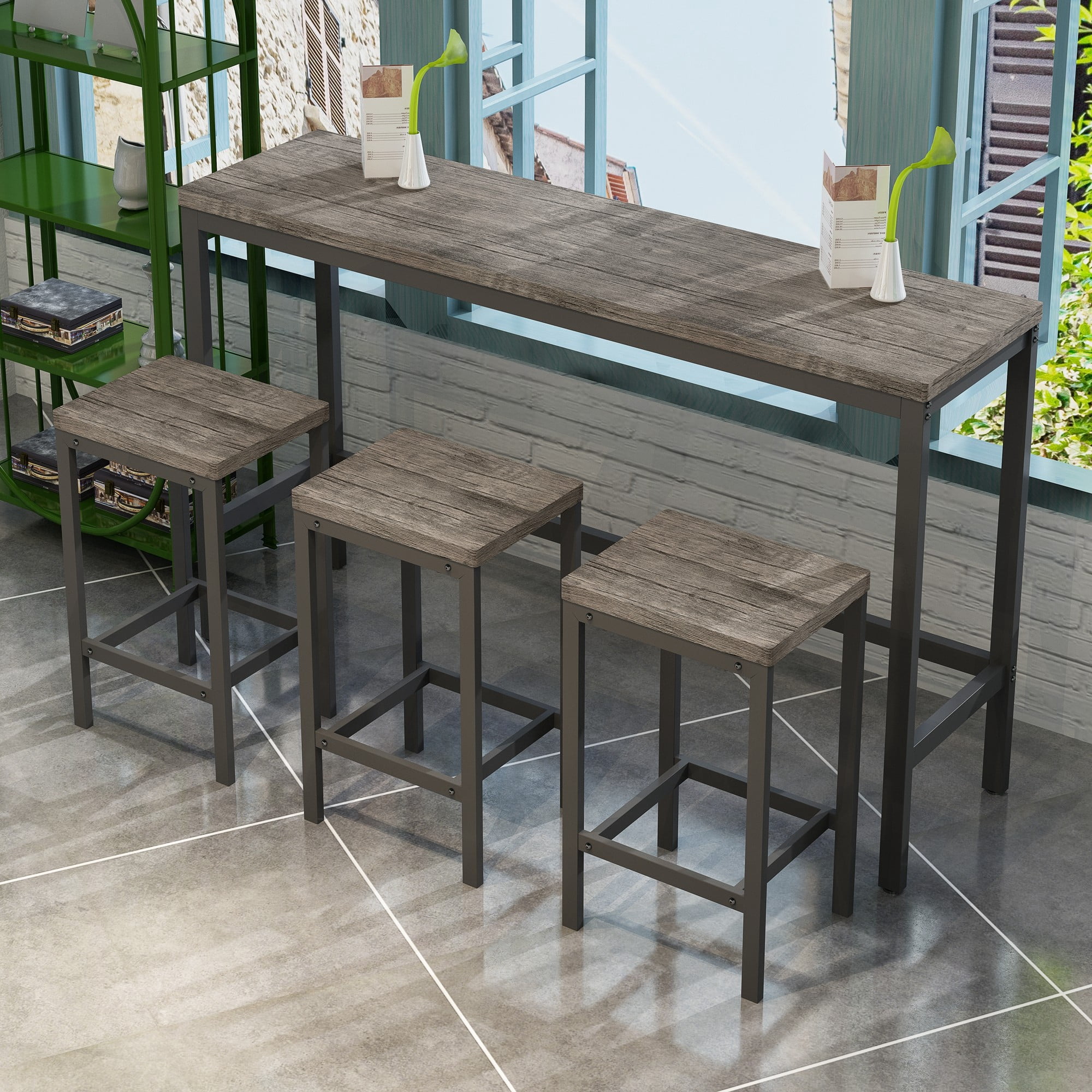 BSHTI 60.24" MDF Dining Room Table Set with Metal Frame, 3 Stools, Space-Saving Design for Kitchen Dining Room(Brown Gray)