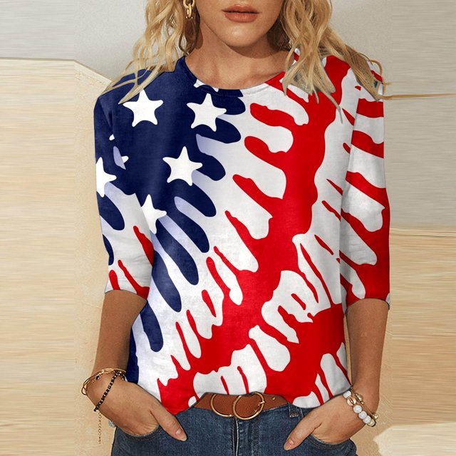 MITCOWBOYS Hauts pour Femmes, Printemps et Été, Col Rond, Manches Trois-Quarts, T-Shirt Imprimé Jour de l'Indépendance, Rose, Bleu Foncé S