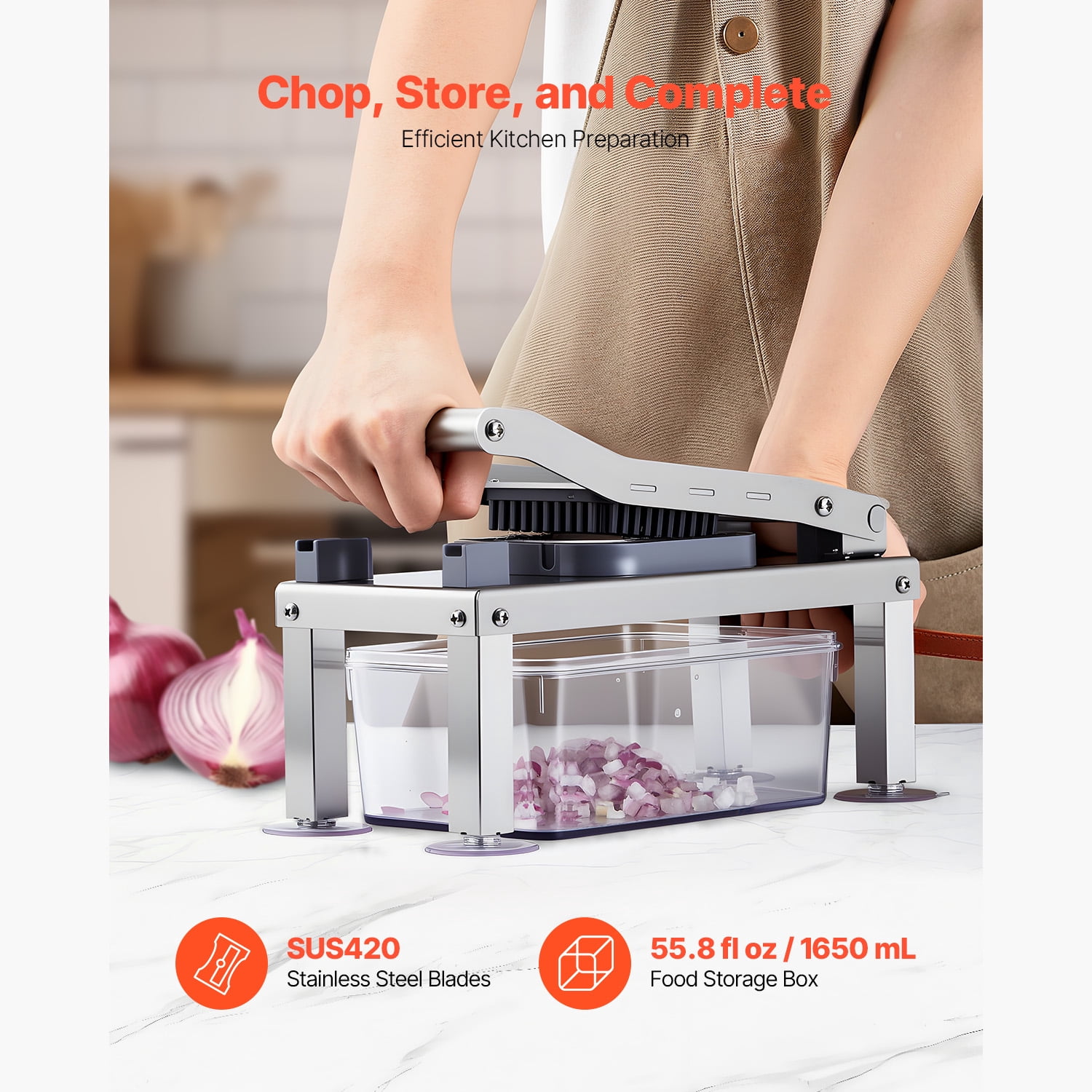 KFFKFF All-in-One Vegetable Chopper and Mandoline Slicer with 9 Stainless Steel Blades, Multi-Functional Food Cutter for Dicing, Grating, and Spiralizing, Includes Container for Easy Prep