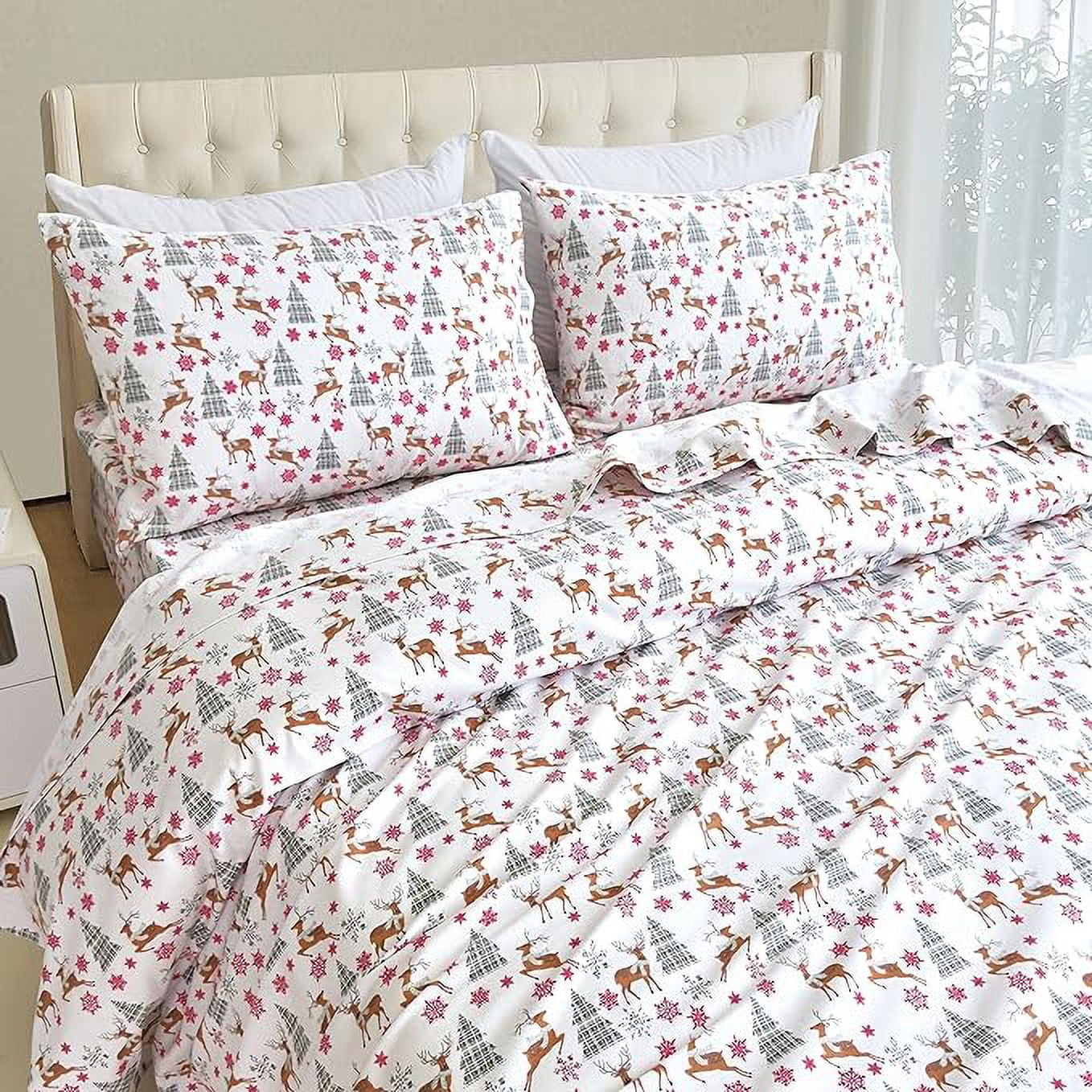 Elegant Comfort - 4 PIECE Holiday Christmas Flannel Cotton Sheet Set, Deep Pocket Fitted - Queen, Plaid Deer