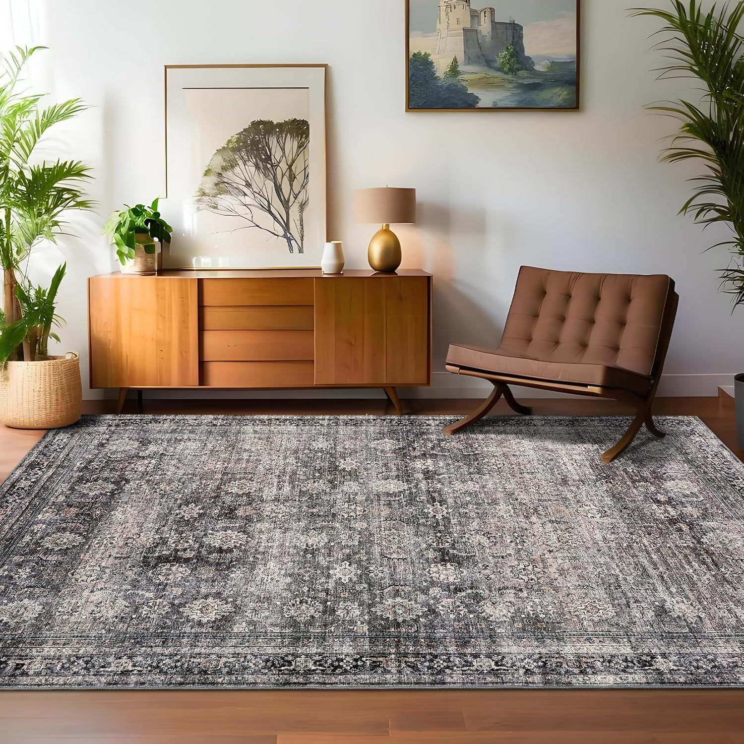 Area Rugs 8x10 Large Vintage Printed Accent with Non-Slip Backing, Stain-Resistant Oriental Living Room Rugs, Washable Farmhouse Low Pile Rugs for Bedroom, Office, Green Camel