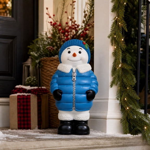 Winter Snowman Resin Statue, Cute Snowman Figurine In Blue Puffer Coat and Knit Scarf, Festive Christmas Holiday Sculpture for Indoor Mantel Tabletop Shelf Home Display