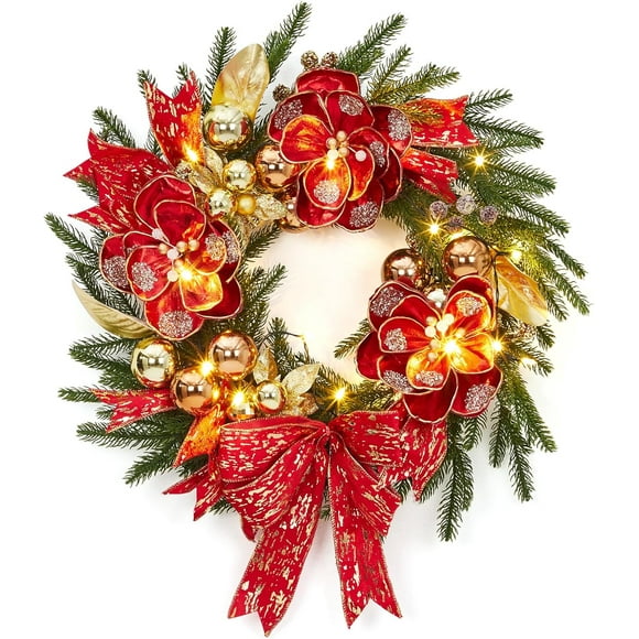 24 Inch Pre-Lit Christmas Wreath with Red Poinsettias & Bow - 8 Lighting Modes for Indoor/Outdoor Door, Porch, Wall Holiday Decor