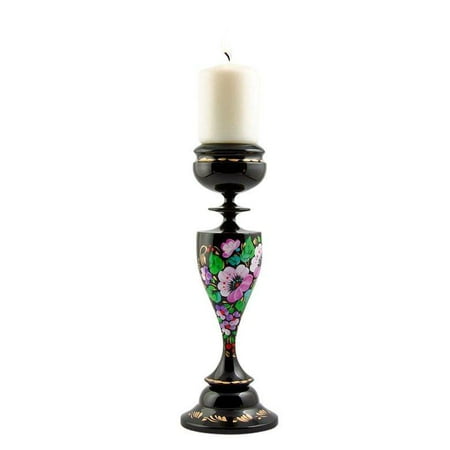 7 Inch Candlelight Holder - Purple Flowers Ukrainian Wooden Candle Holder 7 Inches