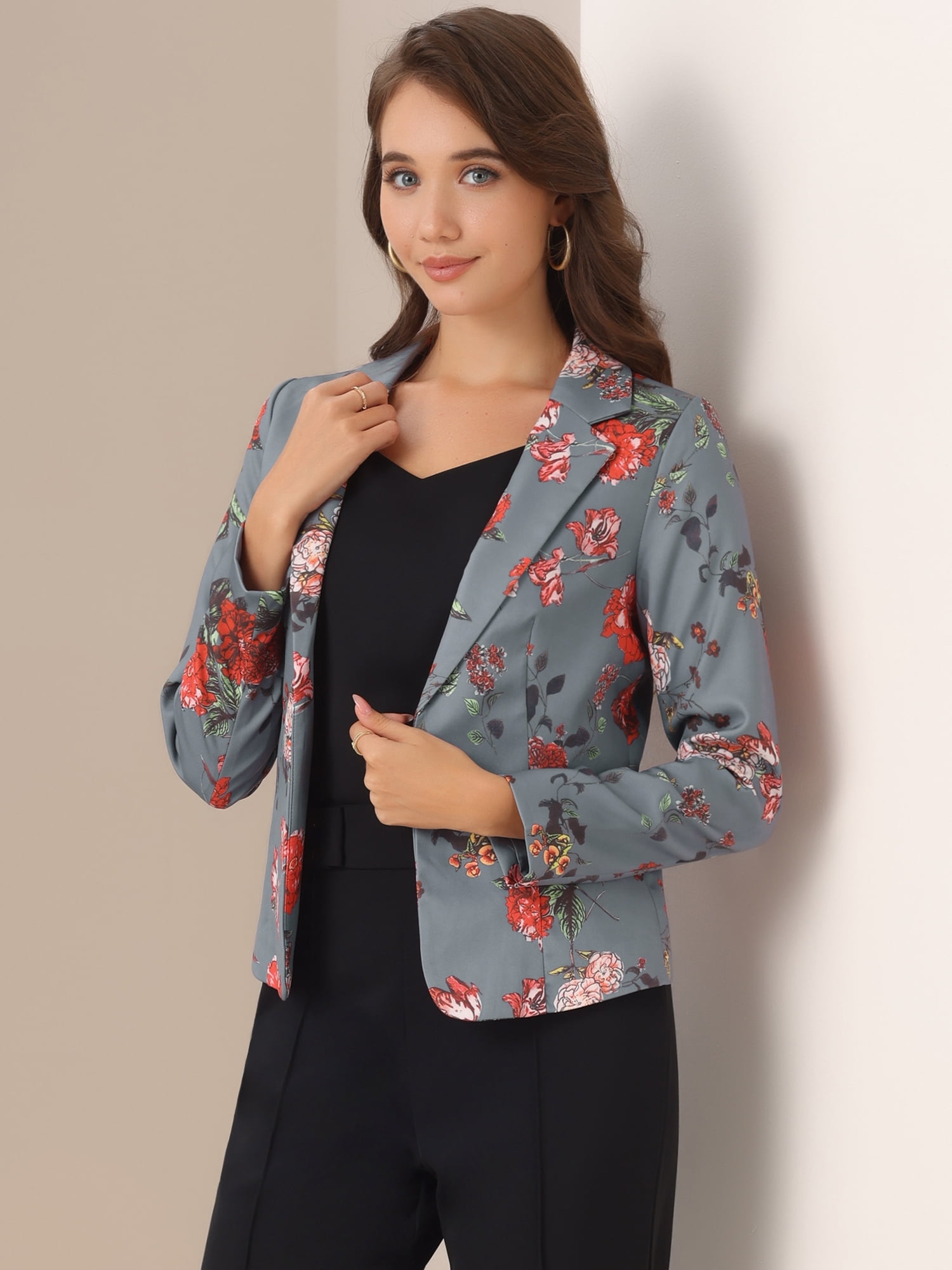 DARING DIVA Women's Elegant Notched Lapel Floral Print Blazer L Gray-Floral