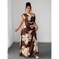 thumbnail image 4 of Coffee Brown Plus Size Green Floral Print One Shoulder Cinched Waist, 4 of 7