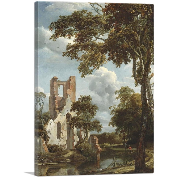 ARTCANVAS Fisherman River Bank Before Ruins Of Chapel Of Eyckendynen Near The Hague Canvas Art Print by Jan Van Kessel Elder - Size: 26" x 18" (0.75" Deep)