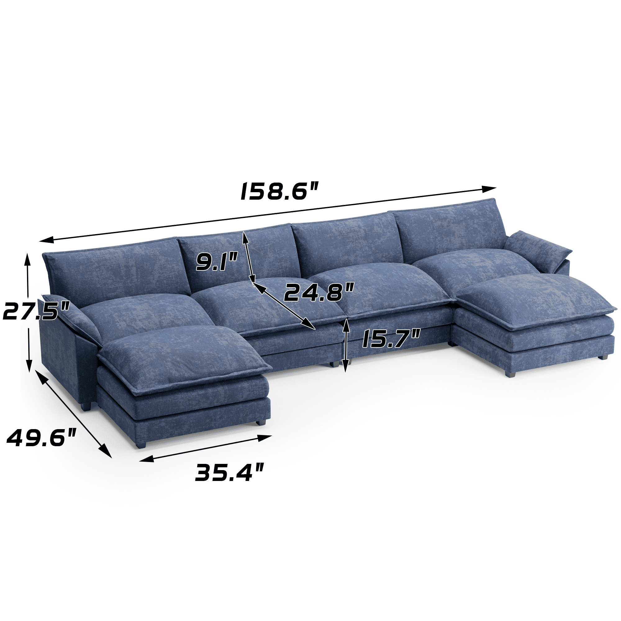 Homall U-Shape 4 Seat Cloud Couch Sectional Sofa with chaise lounge Convertible Sofa Set for Living Room, Blue