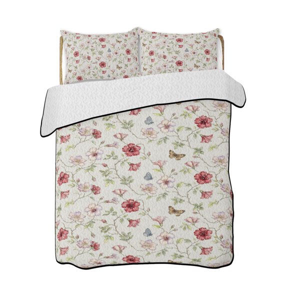 Quilt King Size Bedding Set, Spring Floral Reversible Summer Quilt 3 Pieces, Elegant Pastoral Flowers Rustic Lightweight Bedspreads Coverlets with 2 Pillow Shams for All Seasons