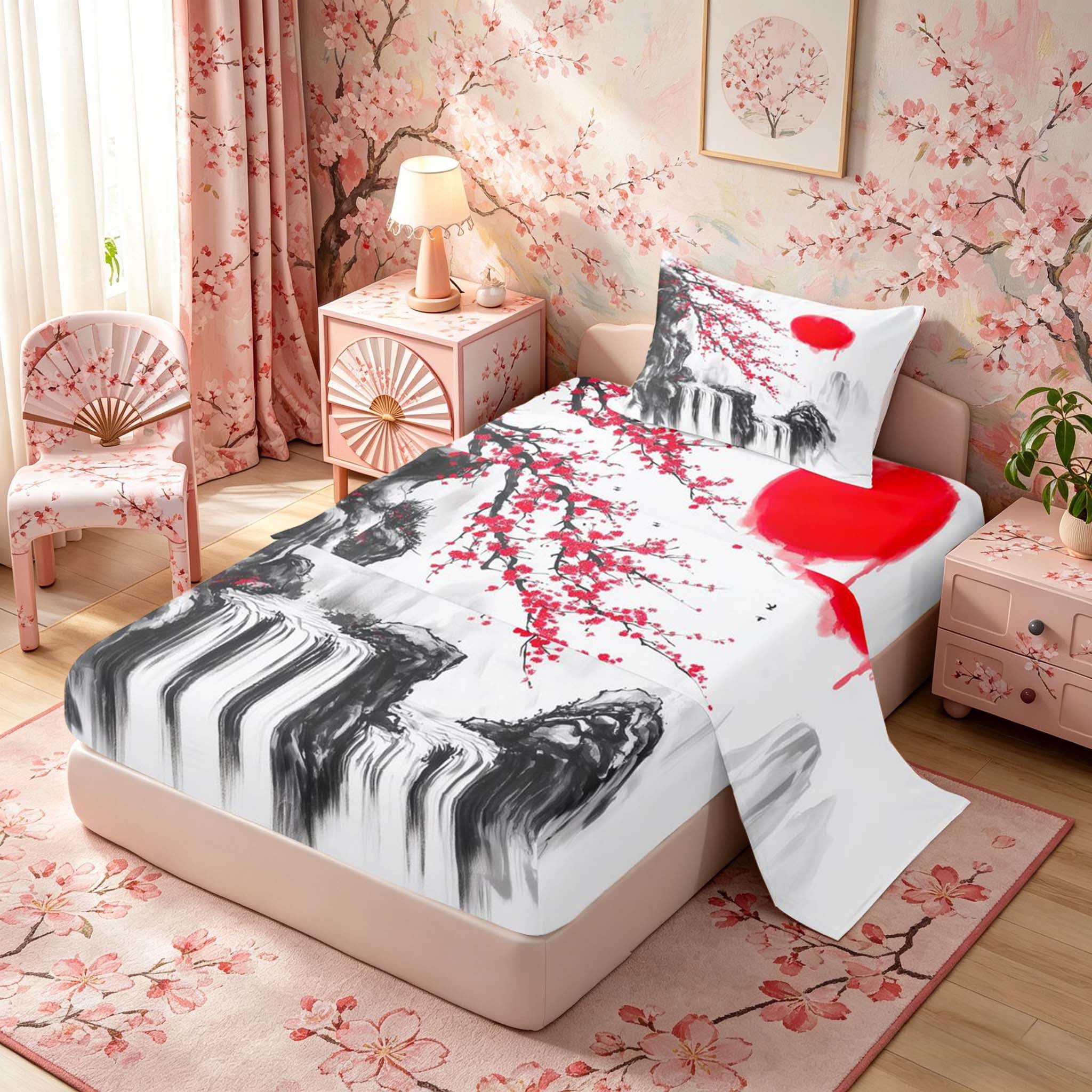 Manfei Ink Waterfall Twin Sheet Sets for Home, Plum Sun Bedding for Office, Black Red White 3-Piece, 1 Flat Sheet, 1 Fitted Sheet and 1 Pillowcase