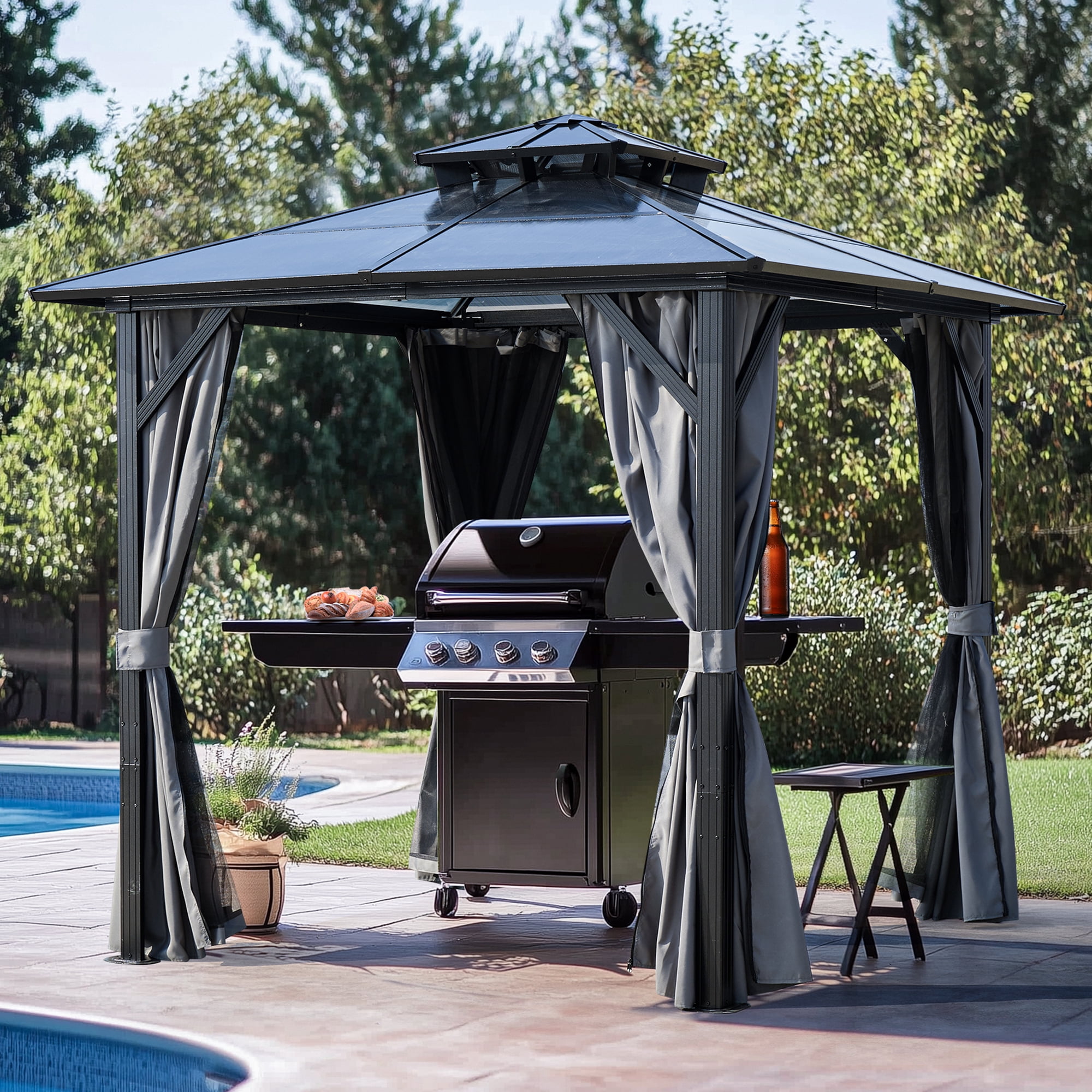 8x8 FT Outdoor Hardtop Grill Canopy, Polycarbonate Top BBQ Shelter Tent with Storage Hooks for Lawn Garden, Grey