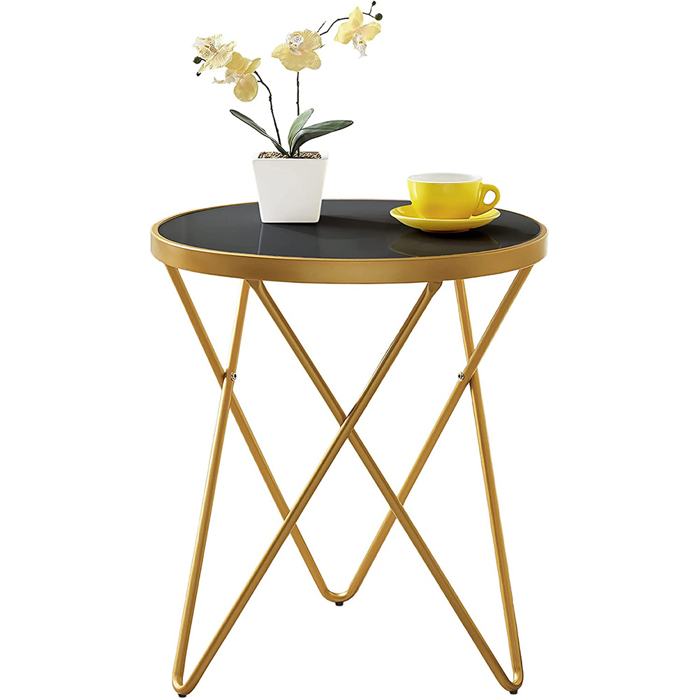 Round end table with black tempered glass gold legs and metal frame