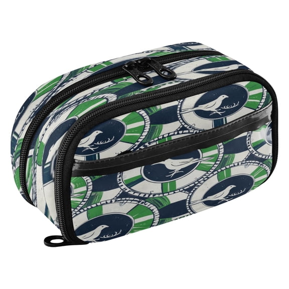 Large Pencil Pen Case Capacity PVC Pencil Pouch Makeup Bag for Women Man, Green Navy Bird?circlesPrinted