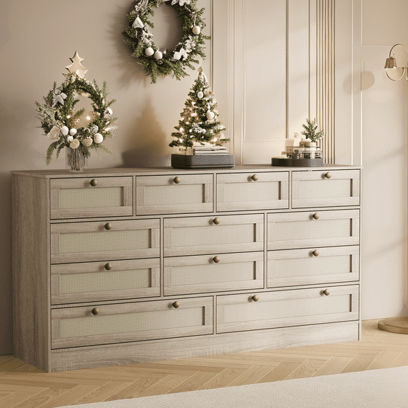 Luku 12 Drawer Dresser for Bedroom, 61" Wide Rattan Chest of Drawers, Wooden TV Stand Dresser for 65" TV, Storage Cabinet Organizer for Closet, Entryway, Living Room