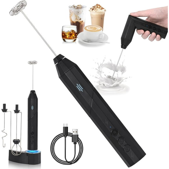 Espumador de leche recargable de mano con 3 cabezales, batidor eléctrico de café, batidor de espuma para bebidas con soporte, agitador de mano con 3 velocidades ajustables y 2 métodos de agarre para