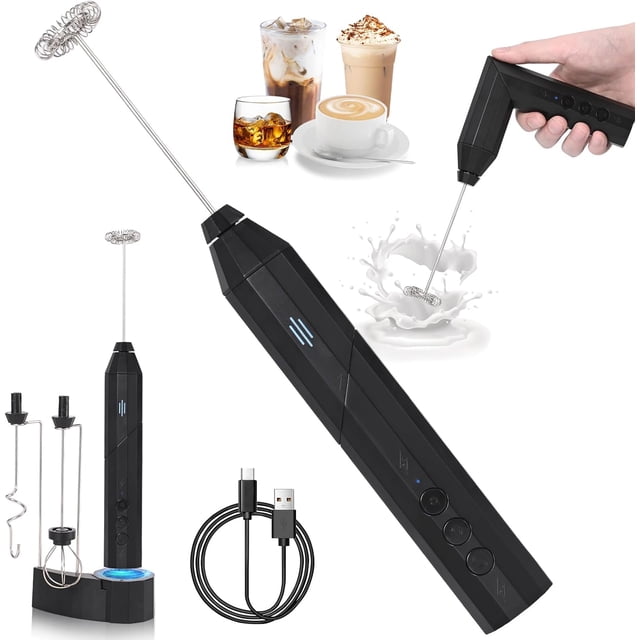 Espumador de leche recargable de mano con 3 cabezales, batidor eléctrico de café, batidor de espuma para bebidas con soporte, agitador de mano con 3 velocidades ajustables y 2 métodos de agarre para