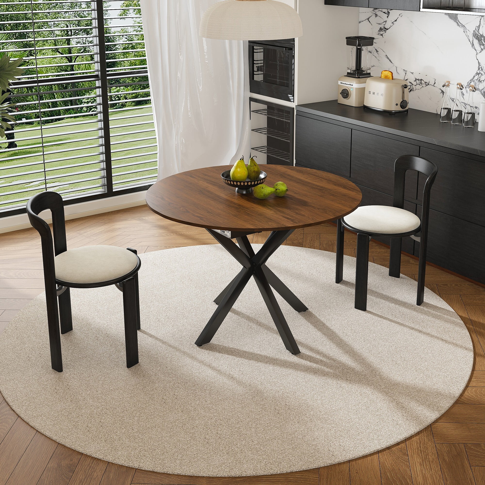 AENKYO 42"-58" Expandable Round Dining Table, Walnut Brown Wood Top & Black X-Base Pedestal, Seats 4-6