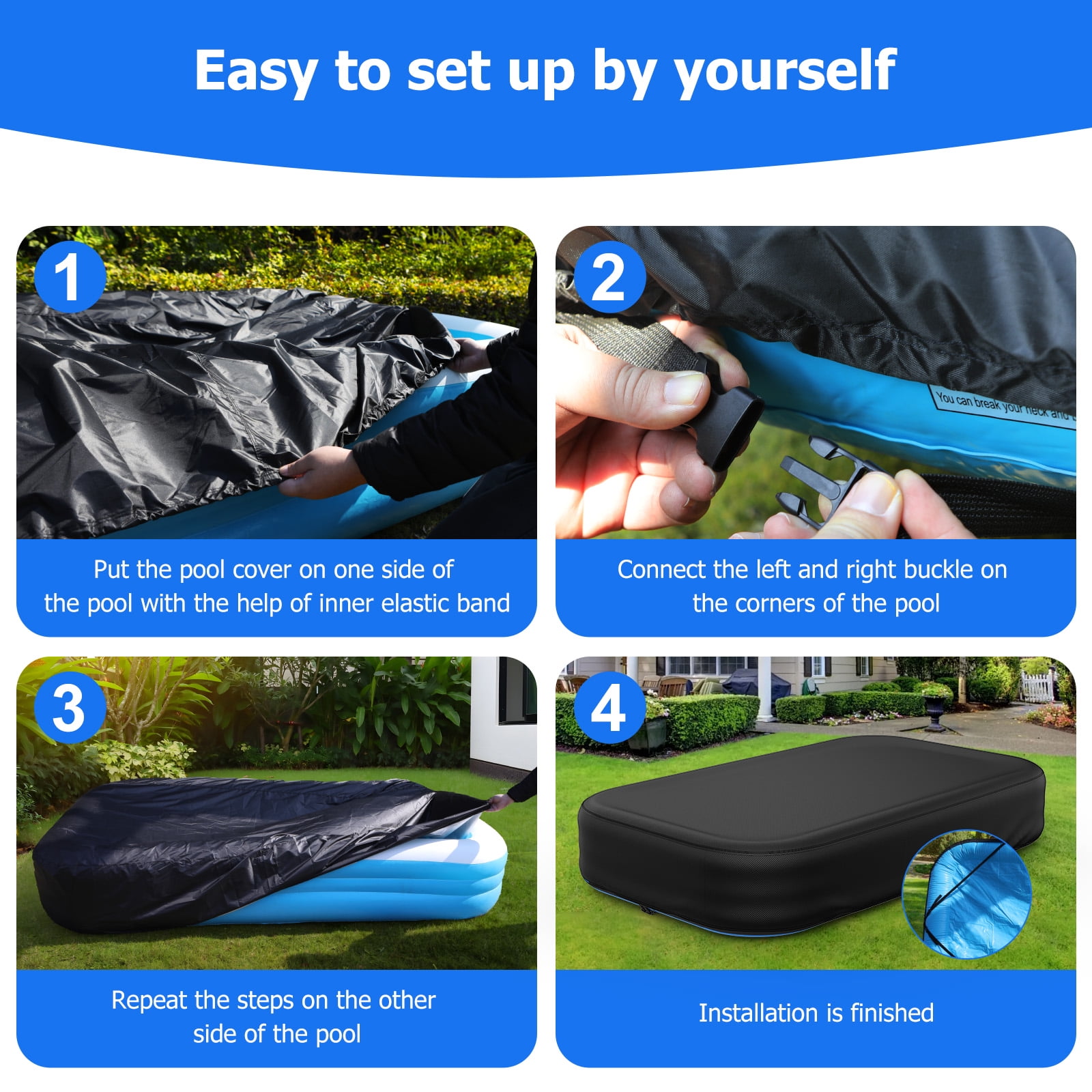 Rectangular Pool Cover for Inflatable Pool, Fits Blow Up Pool Size 120" L x 72" W, Built-in Elastic Band and Extra Buckle to Prevent Slipping, 10' x 6' Rectangle Above Ground Swimming Pool Cover