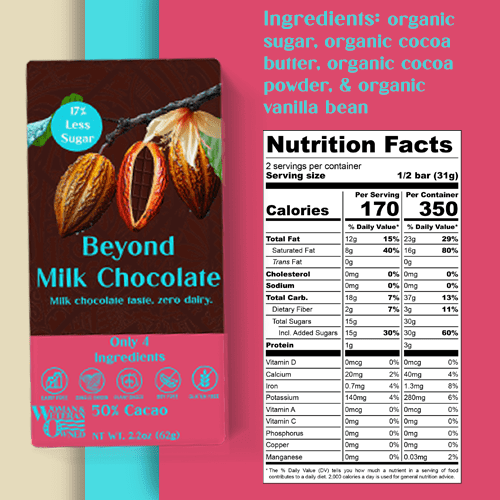 Beyond Milk Chocolate Bar - Dairy-free | 2.2 Ounce (Pack of 6) | Organic, Low Sugar, 50% Cacao, Plant Based, Dairy Free, Gluten-Free | Single Origin