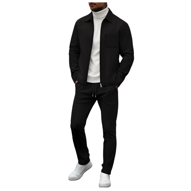 Ketyyh-chn99 Men's Tracksuit Sweatsuit 2 Piece Set Men's Solid Color Zip Front Cardigan Jacket Trousers Set Size for S,Black
