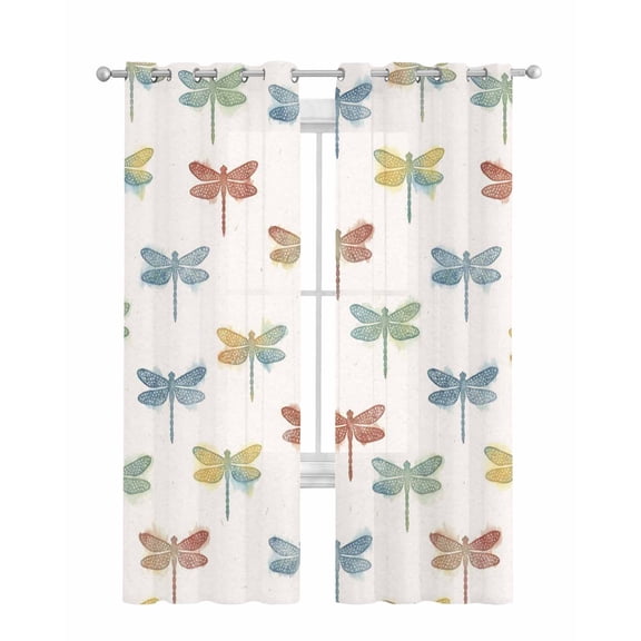 Watercolor Dragonfly Sheer Curtains 84 Inch Length 2 Panels Set for Living Room/Bedroom, Country Farmhouse Animal Beige Kitchen Curtains Grommet Semi-Sheer Curtains Drapes Window Treatments 42"x84"x2