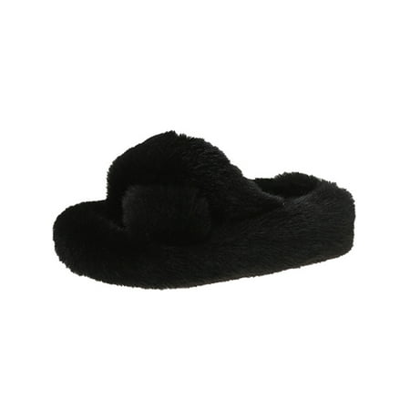 

Daeful Women Lightweight Slip On Home Slippers Bedroom Nonslip Fuzzy Women s Daily Cozy Cross Band Platform Plush Slipper Winter Warm Shoes Black 5.5