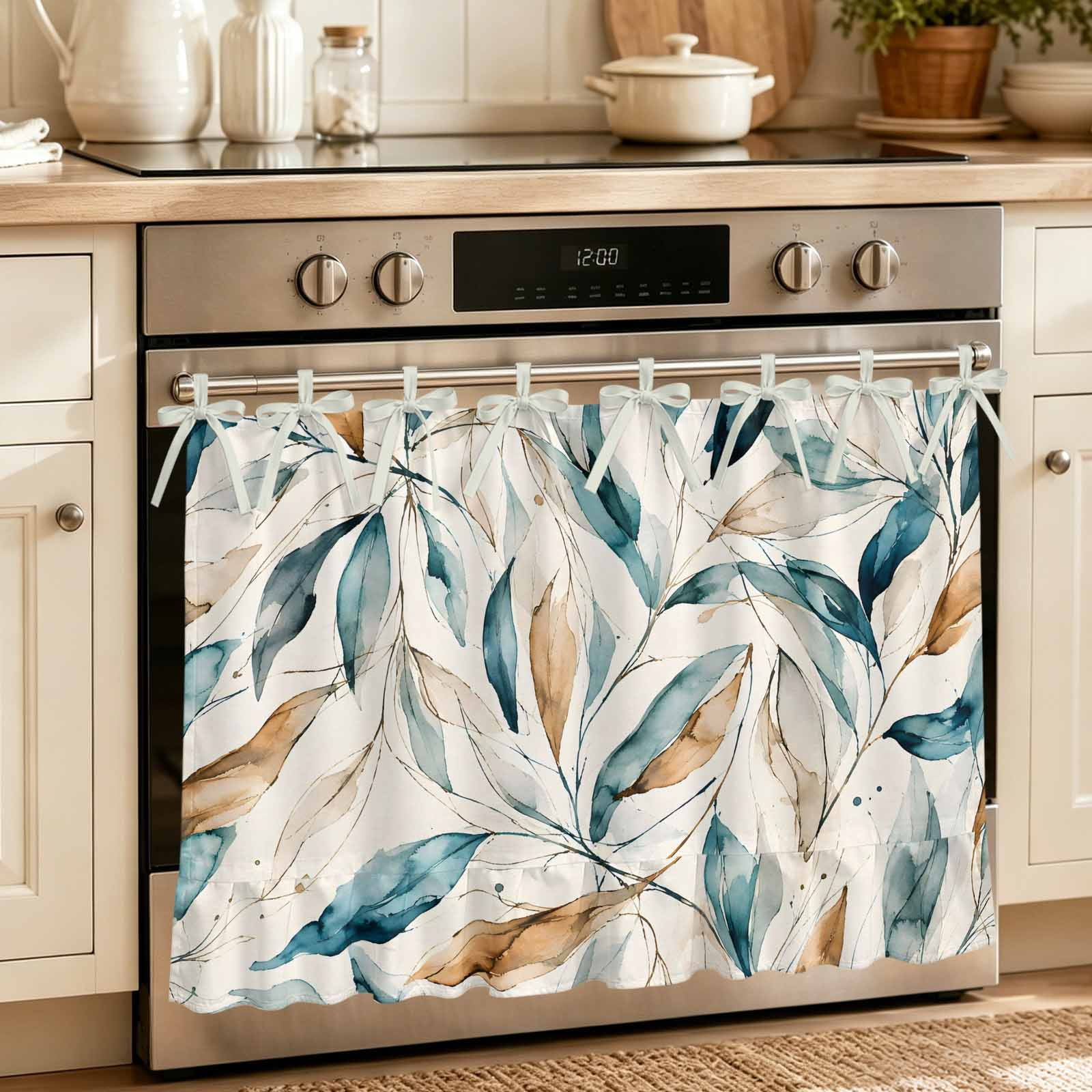Oven Curtain for Kitchen Watercolor Intertwined Leaf Sprigs Stove Curtain With Ruffled Trim Dishwasher Curtains Rustic Leaves Seamless Oven Skirt 30 x21.5