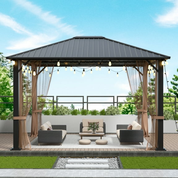 10x12 Hardtop Metal Gazebo with Mosquito Nets and Galvanized Steel Roof, Heavy Duty Outdoor Pergola with Galvanized Steel, for Garden, Patio, Backyard, Black and Brown