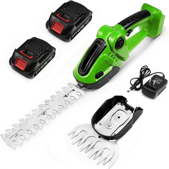 WuKeTin Cordless Hedge Trimmer with 2 Battery, 2-in-1 24V Handheld Grass Shear Cutter, 2 Pack Battery and 2 Blades for Garden, Yard and Lawn (Green)