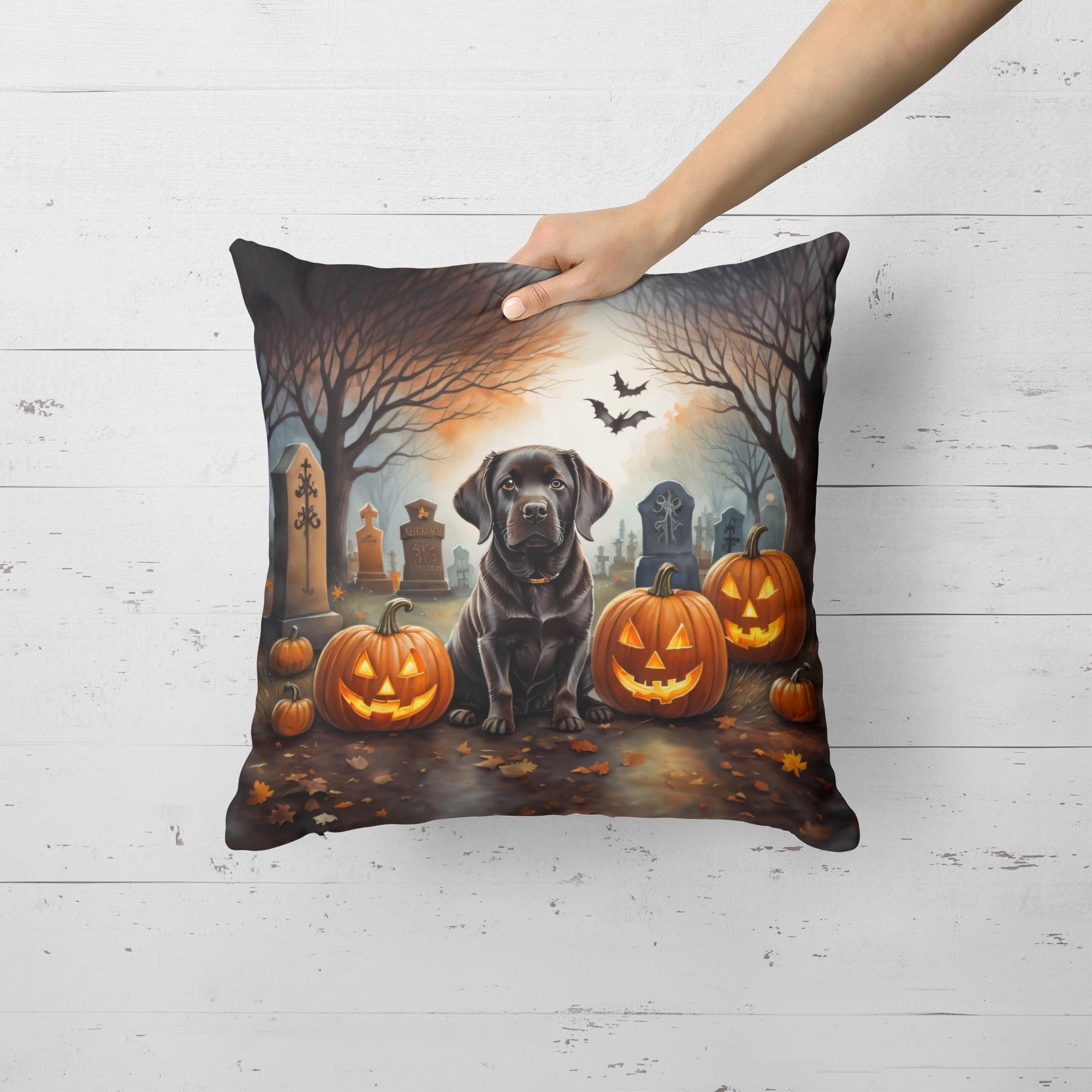 Chocolate Labrador Retriever Spooky Halloween Fabric Decorative Pillow 18 in x 18 in