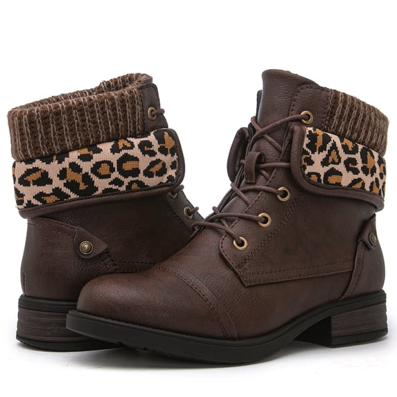 GLOBALWIN Women's Brown/Leopard lace Up Boots for Women with Low Heel 6M
