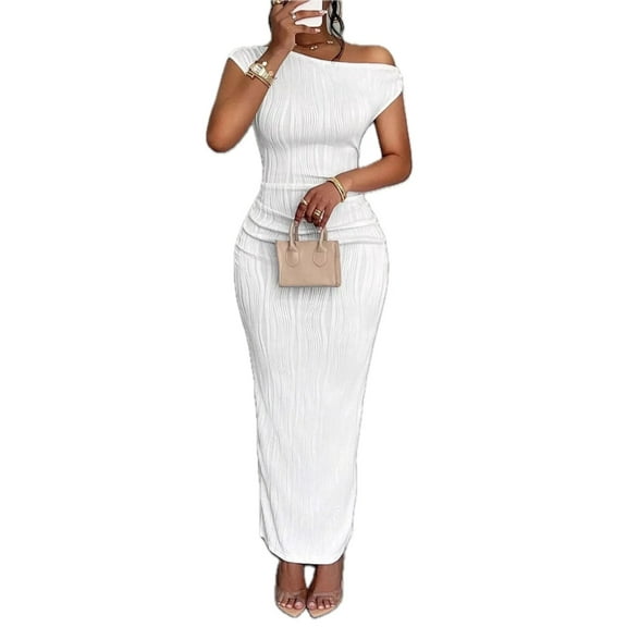 Women's Textured Single Shoulder Bodycon Maxi Dress with Stretch Ninety Five Percent Polyester Five Percent Spandex