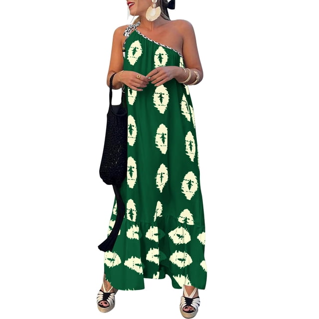 Vestido PRETTYGARDEN Maxi Bohemio Estampado de Un Hombro M