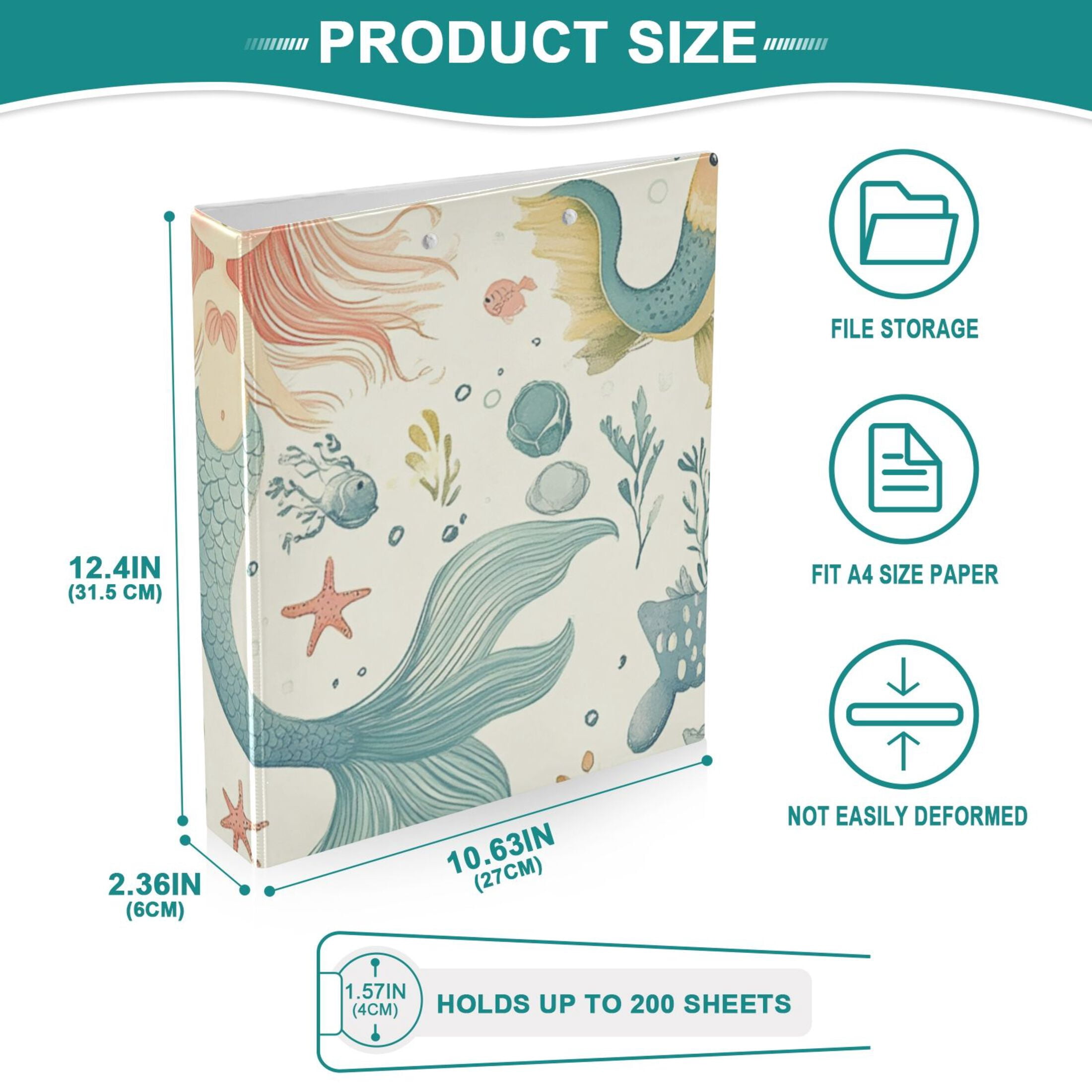 Mermaids Seaweed 3 Ring Binders 1.5 inch Hardcover File Folders with Interior Pockets A4 Size Organizer for School Office Hospital