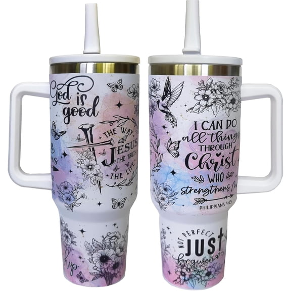 Christian Tumbler with Handle and Straw - Faith Jesus Stainless Steel Water Bottle Mugs for Mom Friend Women 40 Oz,Inspiration Gift for Women