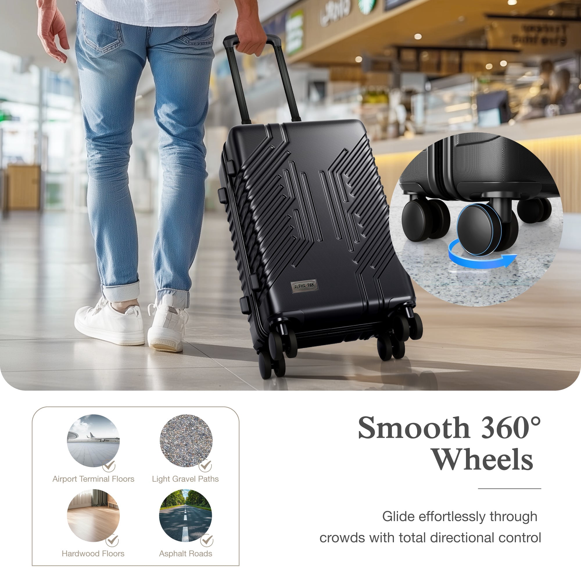 Alpha Joy Hard-shell ABS+PC Rolling Luggage 20" Carry-on Luggage with USB Port, Black