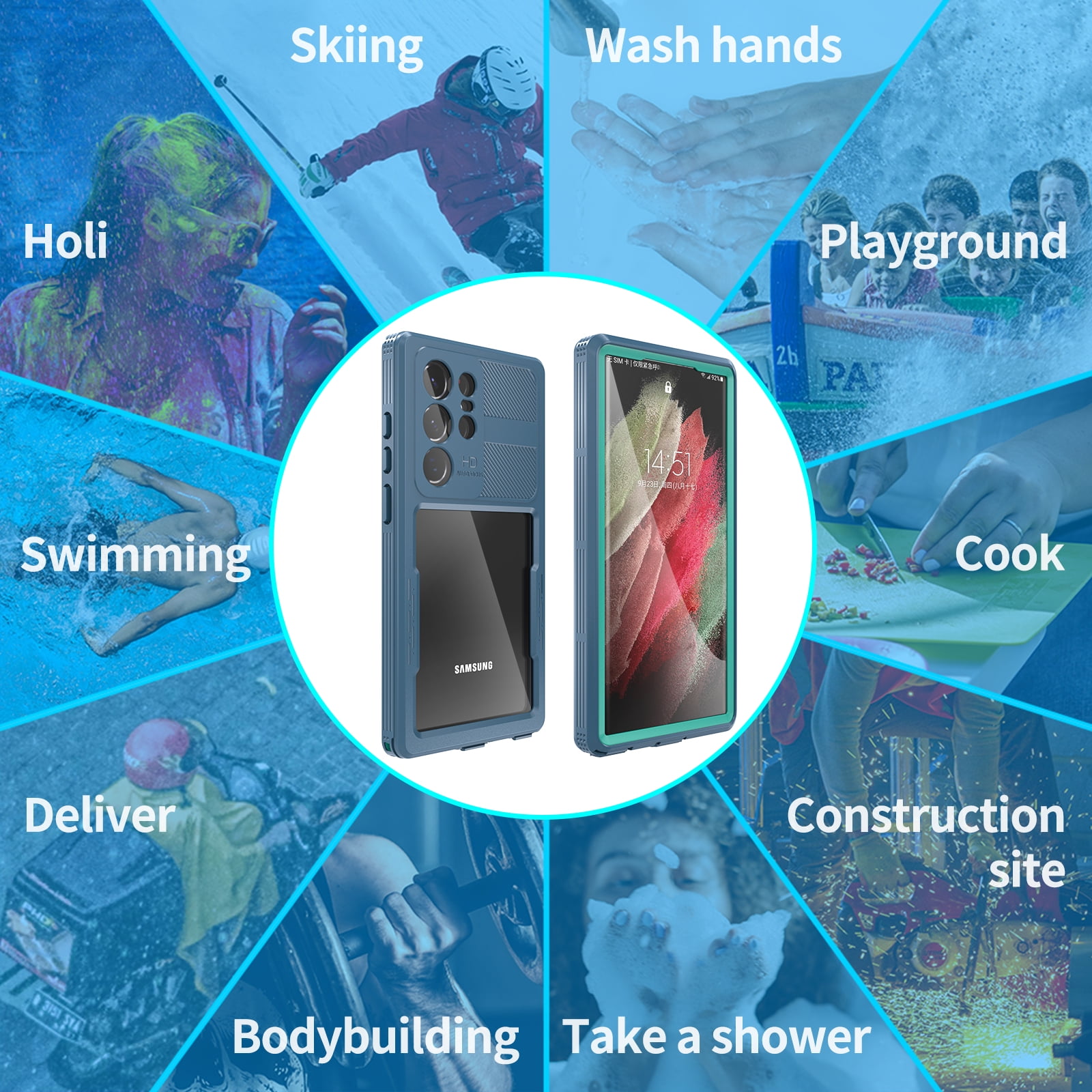 SaniMore for Samsung Galaxy S23 Ultra 6.8" 2023 Case with Built-in Screen Protector, IP68 Waterproof & Dustproof & Anti-scratch [Wireless Charging] Heavy DutyProtective Cover for S23 Ultra, Grassblue